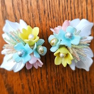 Vintage Floral Clip-On Earrings with Pastel Accents
